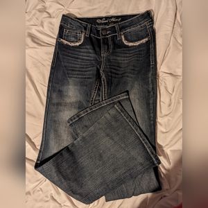 Wired Heart. Bootcut, blue jeans. Embroidered, and beaded. Size 16
